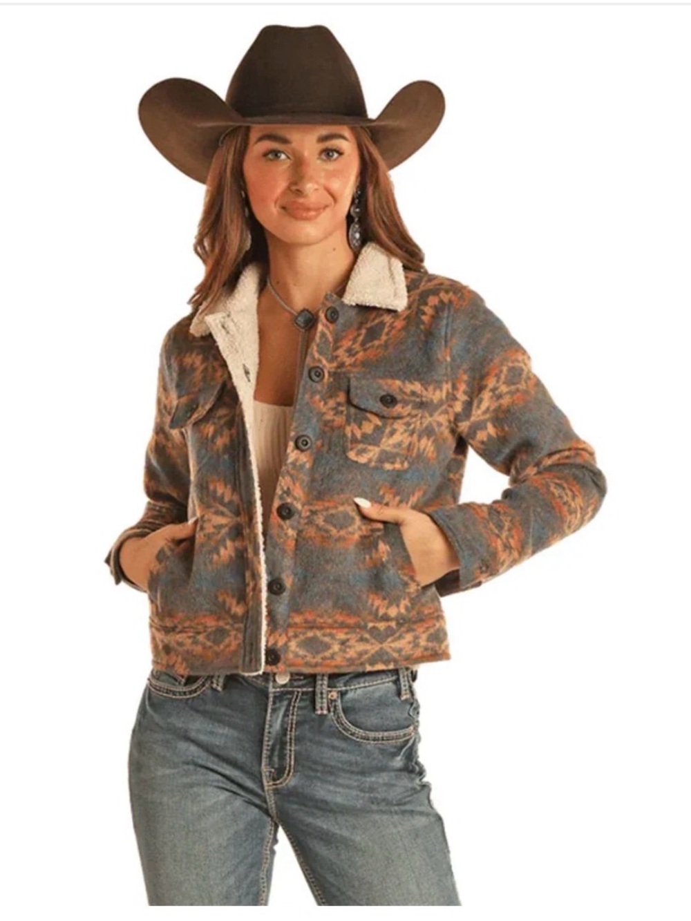 Rock&Roll Women’s Sherpa-Lined Aztec Print Jacket - Blue & Brown, size XS